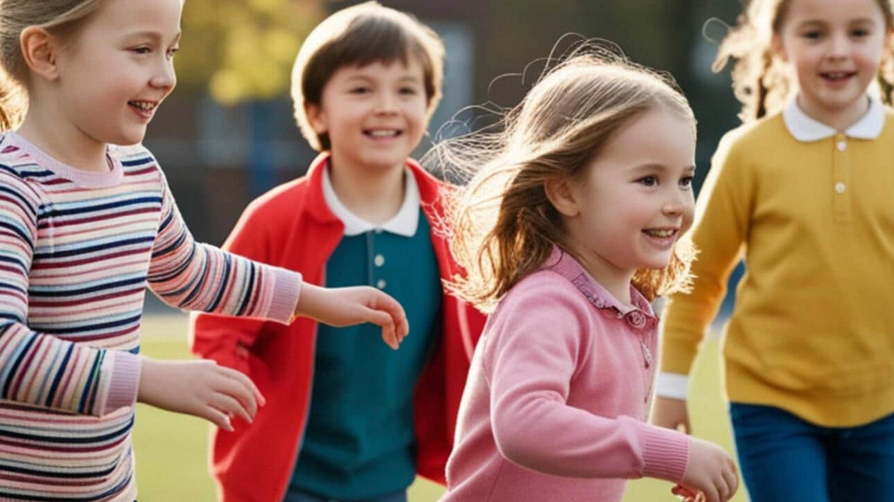 parkta eğlenen ve mutlu şekilde koşan çocuklar