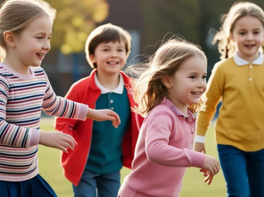 parkta eğlenen ve mutlu şekilde koşan çocuklar