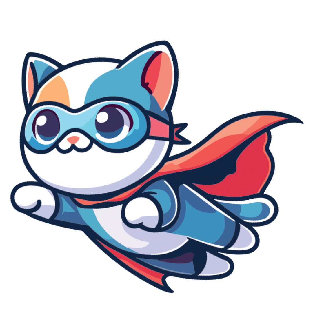 Cute cartoon kitten superhero flying with a blue cape and mask set against a black background.