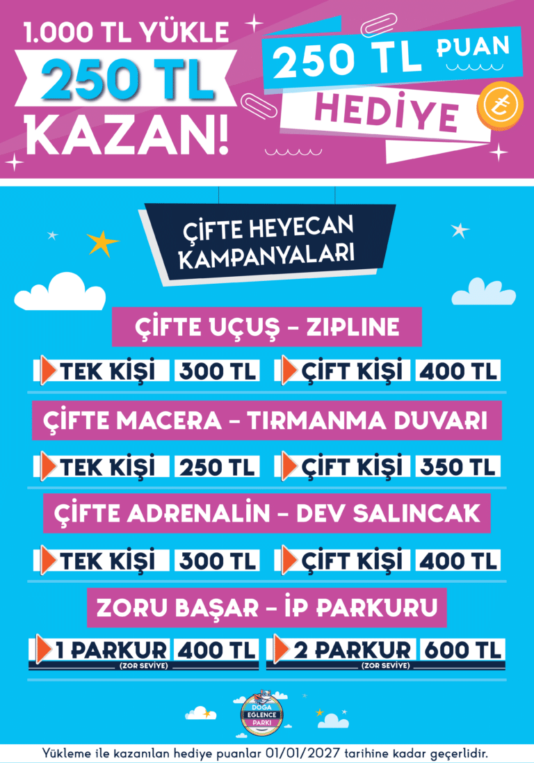 Renkli Türkçe promosyon afişi: çifte heyecan kampanyaları, hediye puanlar ve tek/çift kişi fiyatlarını gösteren reklam görseli